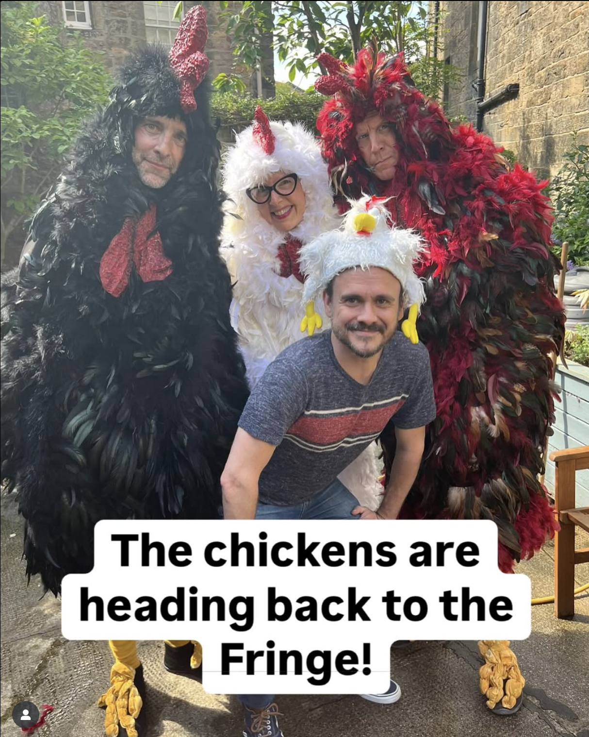 Matthew DiLoreto, Audrey Rapoport, and Eric Kirchberger dressed as 3 Chickens and Bill Schaumberg wearing a chicken hat.