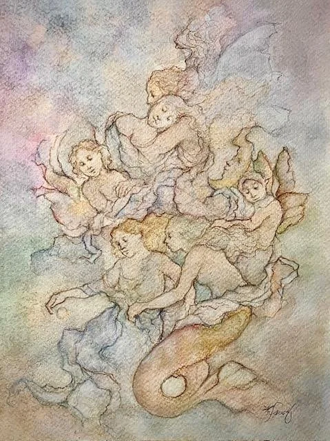 A watercolor painting of several mermaids with flowing hair and tails, surrounded by swirling clouds and waves.