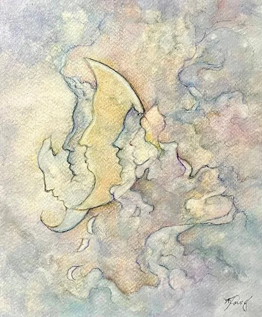 Abstract watercolor painting of faces and profiles blending into each other with soft pastel colors.
