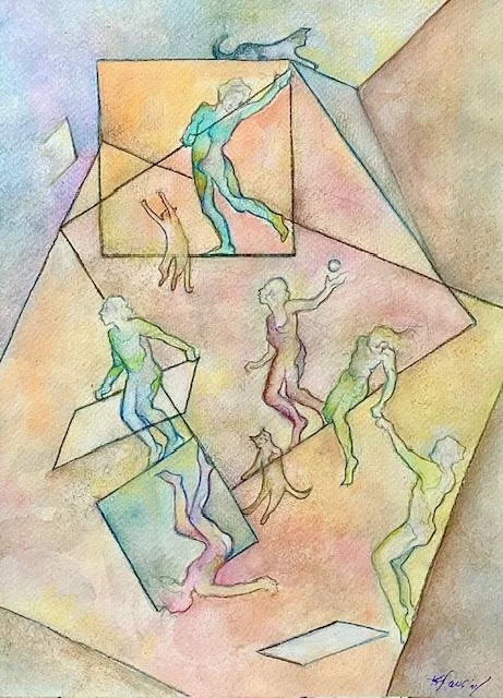 Colored pencil sketch of multiple human figures in various dynamic poses, interacting with geometric shapes and reflective surfaces, creating an abstract composition.