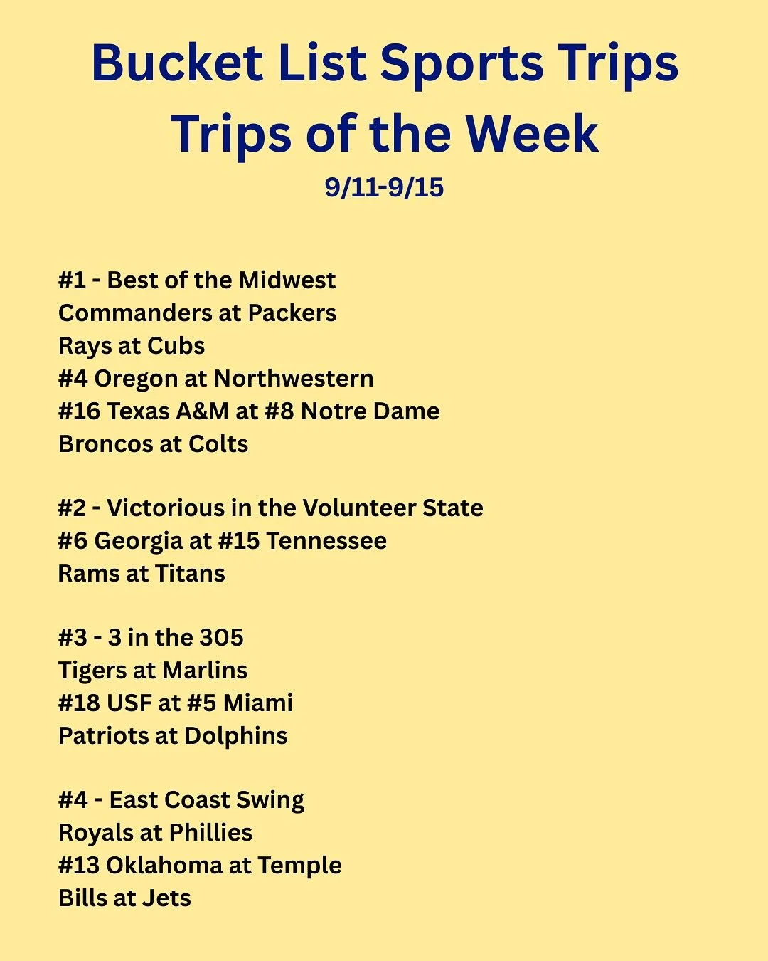 Bucket List Sports Trips of the Week:
-That Midwest trip could end up as one of the best all NFL season. Start with a terrific TNF matchup and Packers whiteout. Friday afternoon at Wrigley. Kick off Saturday with the Ducks at Northwestern&rsquo;s tem