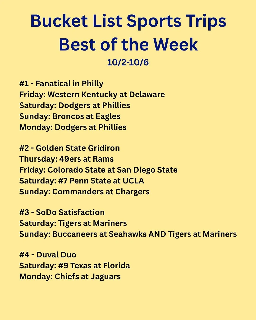 The glory of September and its ability to do NFL, MLB and college football in one weekend is over but we still get the mix on the first trip (albeit with a ho-hum college game). You do get arguably the two best MLB teams bookending a sneaky good Bron