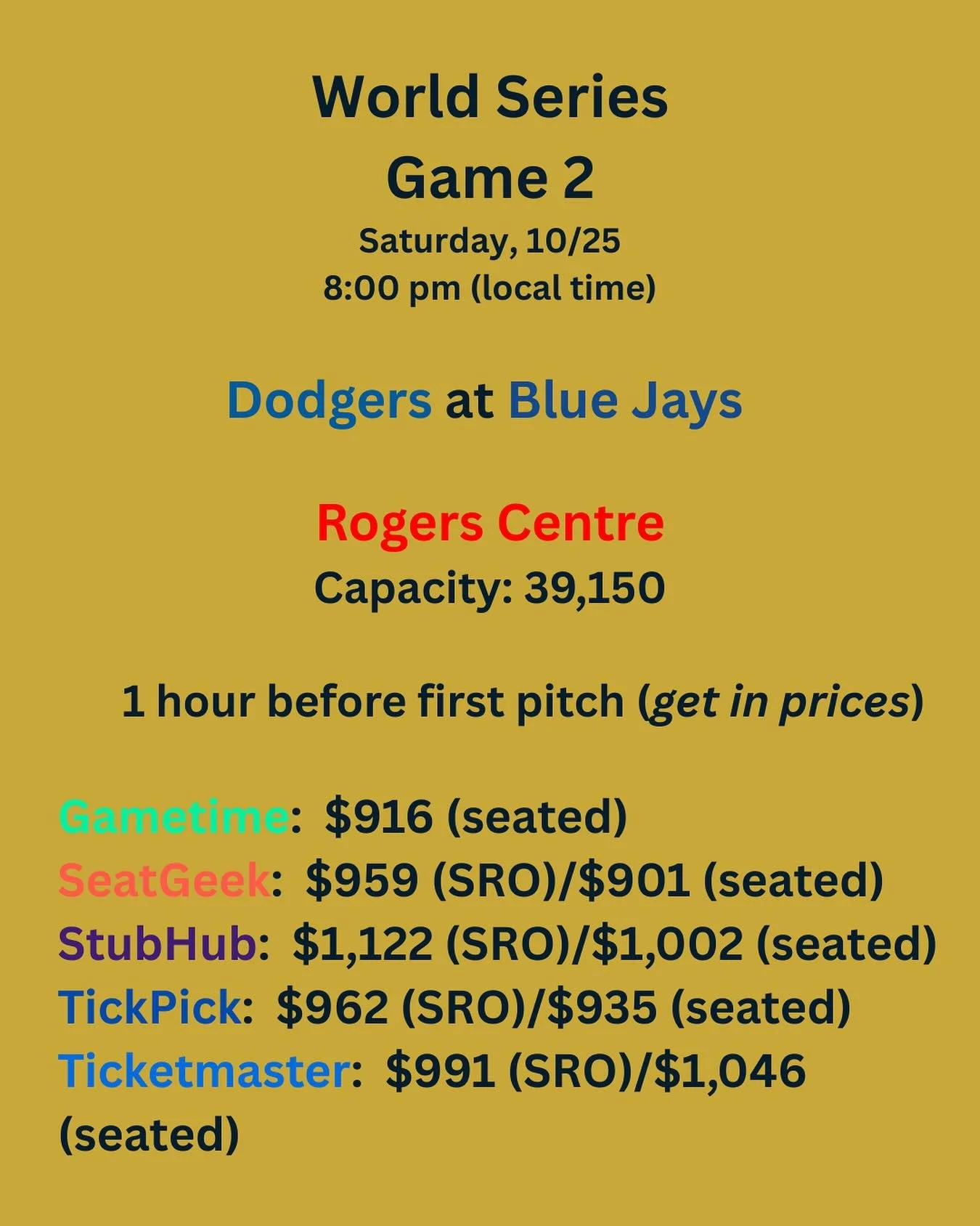 $200-300 more tonight than Game 1! @tickpick did have a nice pair of lower level infield tickets 20 rows back for (only) $1,400 apiece 😳