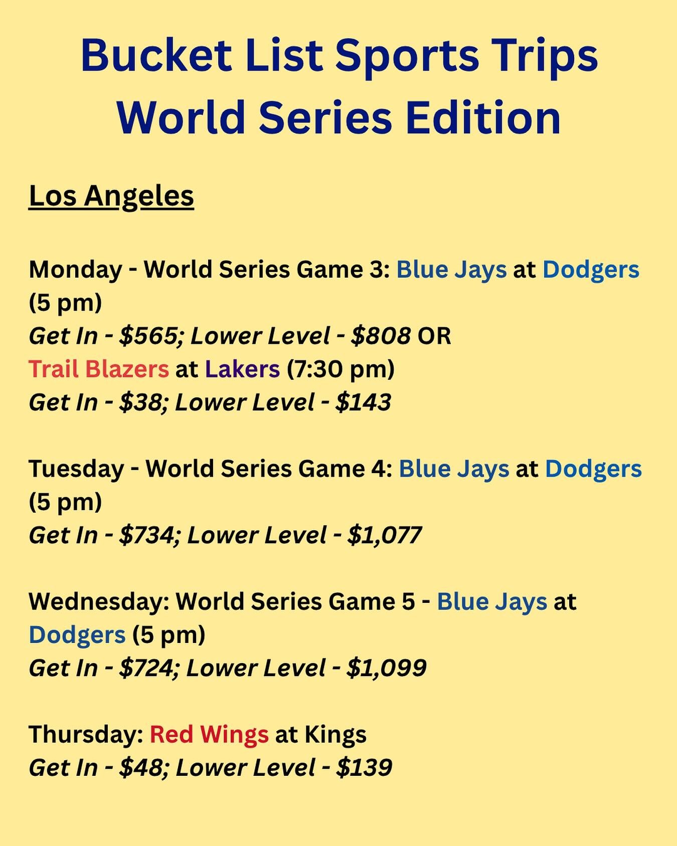 The LA bucket list sports trip for the World Series isn&rsquo;t so hot aside from the World Series games themselves. 

No Luka nor LeBron (plus both teams coming off games yesterday) make tonight&rsquo;s game a likely slog if you&rsquo;re opting for 