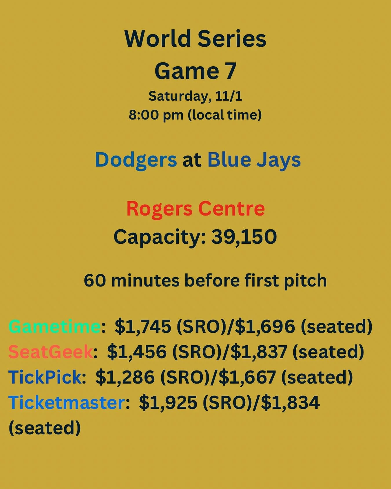 Game 7! The sweet spot was earlier today when standing room got down to $1,100 and seats were down to $1,500. We&rsquo;ll check in again around first pitch