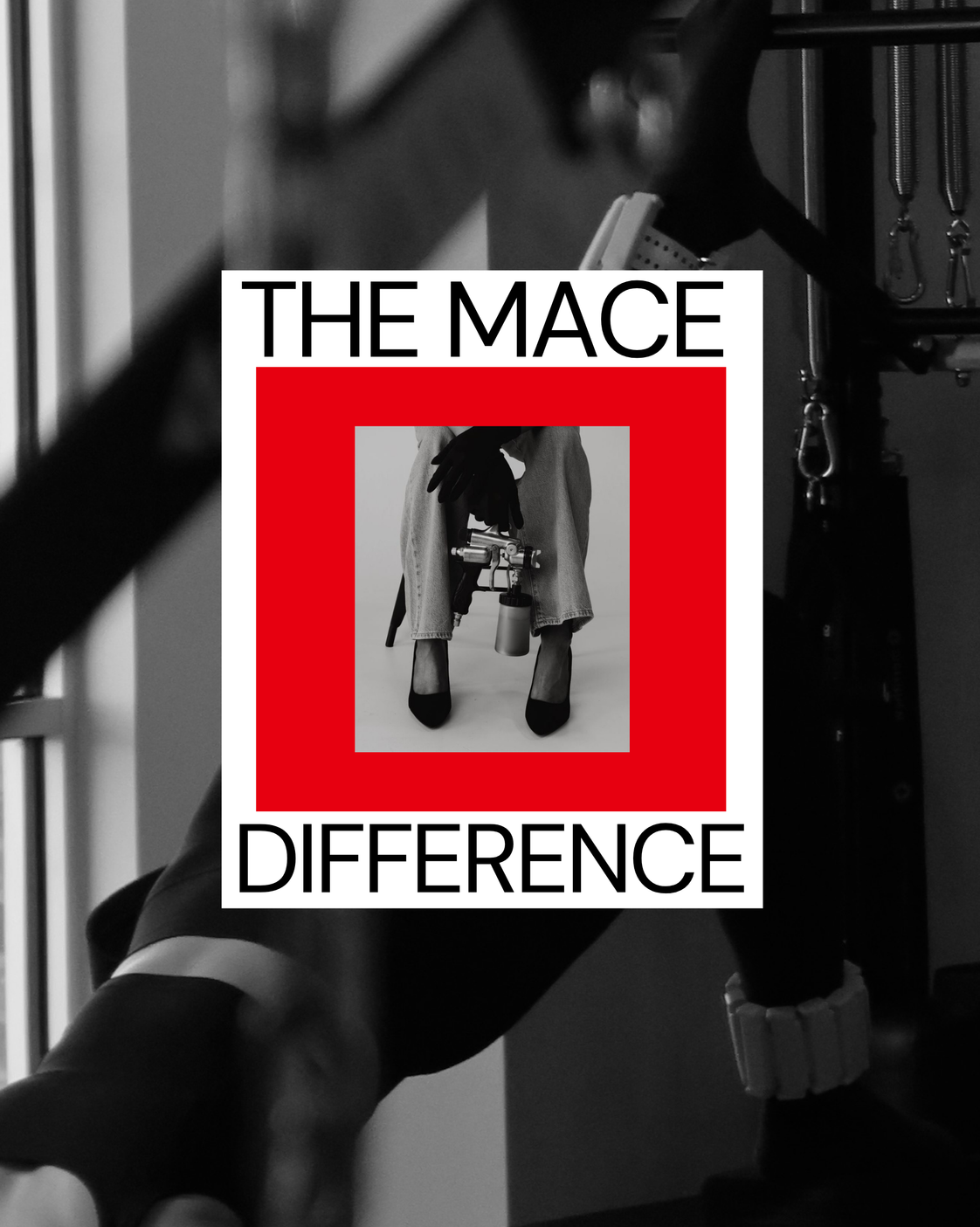 Book cover titled 'The Mace Difference' with a black and white photo of a woman sitting with her legs crossed, holding a large mace spray can, wearing high heels and jeans. The cover features a red border around the photo.