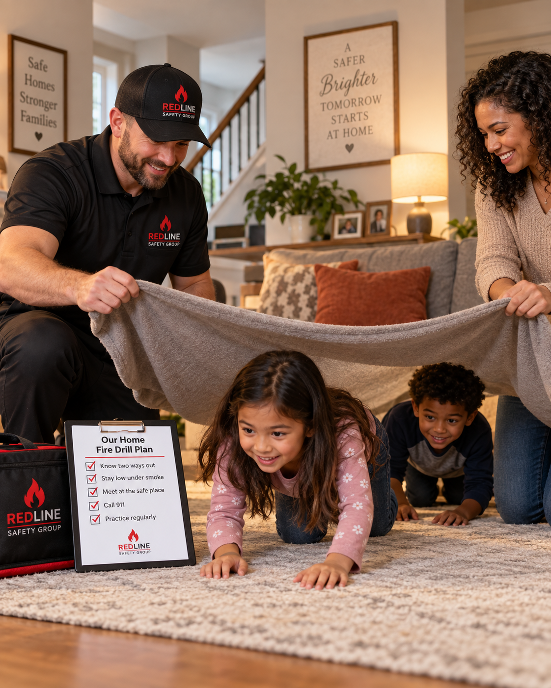 Redline Safety Group family fire drill training teaching children to crawl low under simulated smoke