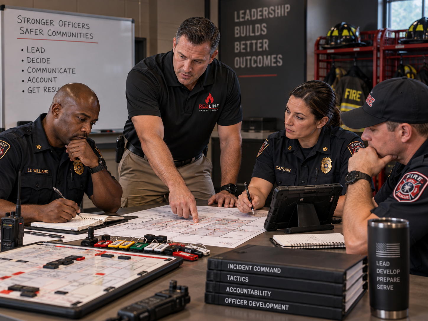 Redline Safety Group consultant leading fire department officer development and leadership training through an incident command tabletop exercise