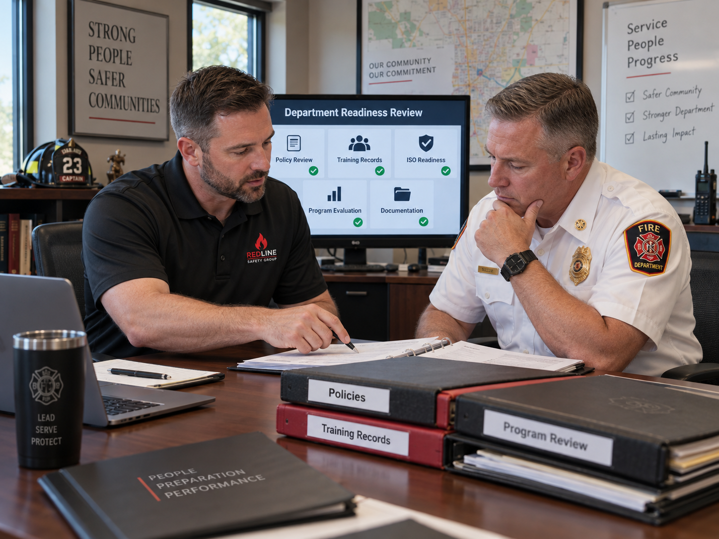 Redline Safety Group consultant reviewing fire department policies, training records, ISO readiness, and administrative programs with a fire chief