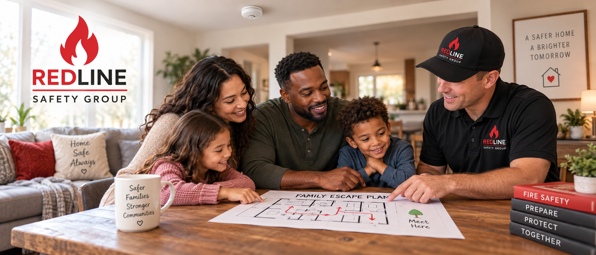 Redline Safety Group firefighter-led home fire safety consultation with a Michigan family reviewing an escape plan