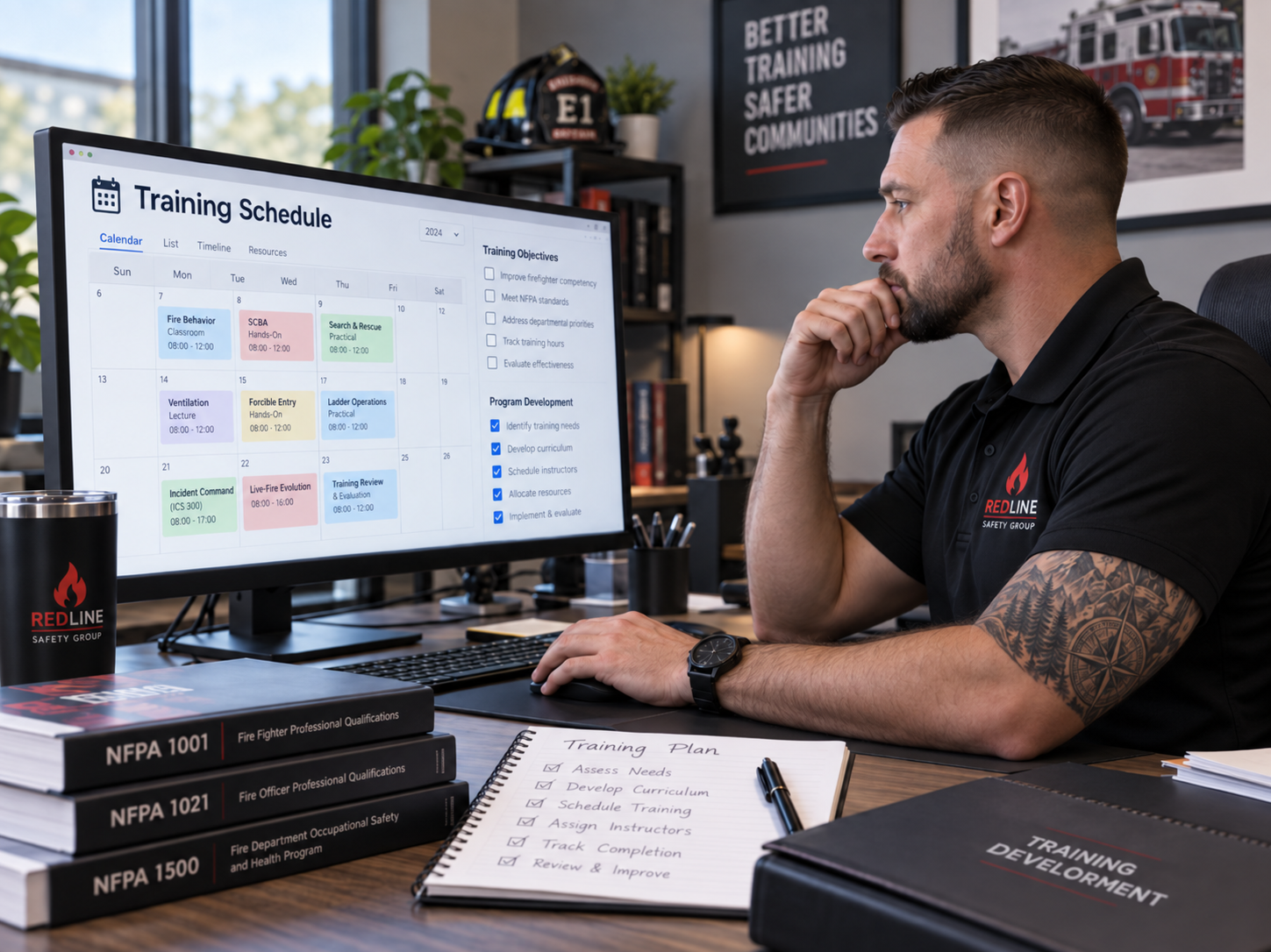 Redline Safety Group consultant creating a fire department training schedule, annual training calendar, and firefighter development plan