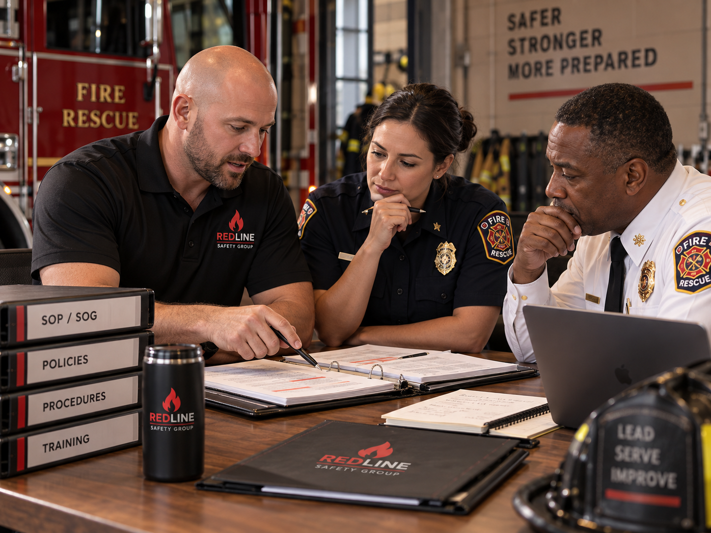 Redline Safety Group consultant reviewing and modernizing fire department SOPs, SOGs, policies, and procedures with fire officers