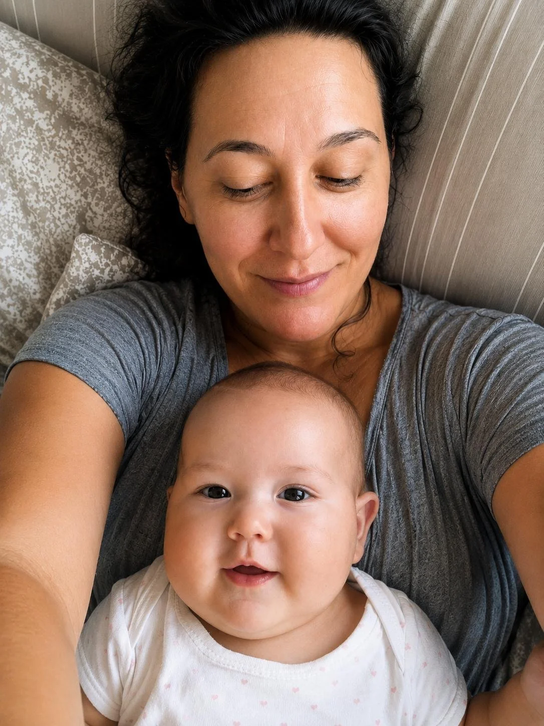 Maternity nurse and life coach for women Solange Martins is holding a baby girl on her chest, both smiling gently.