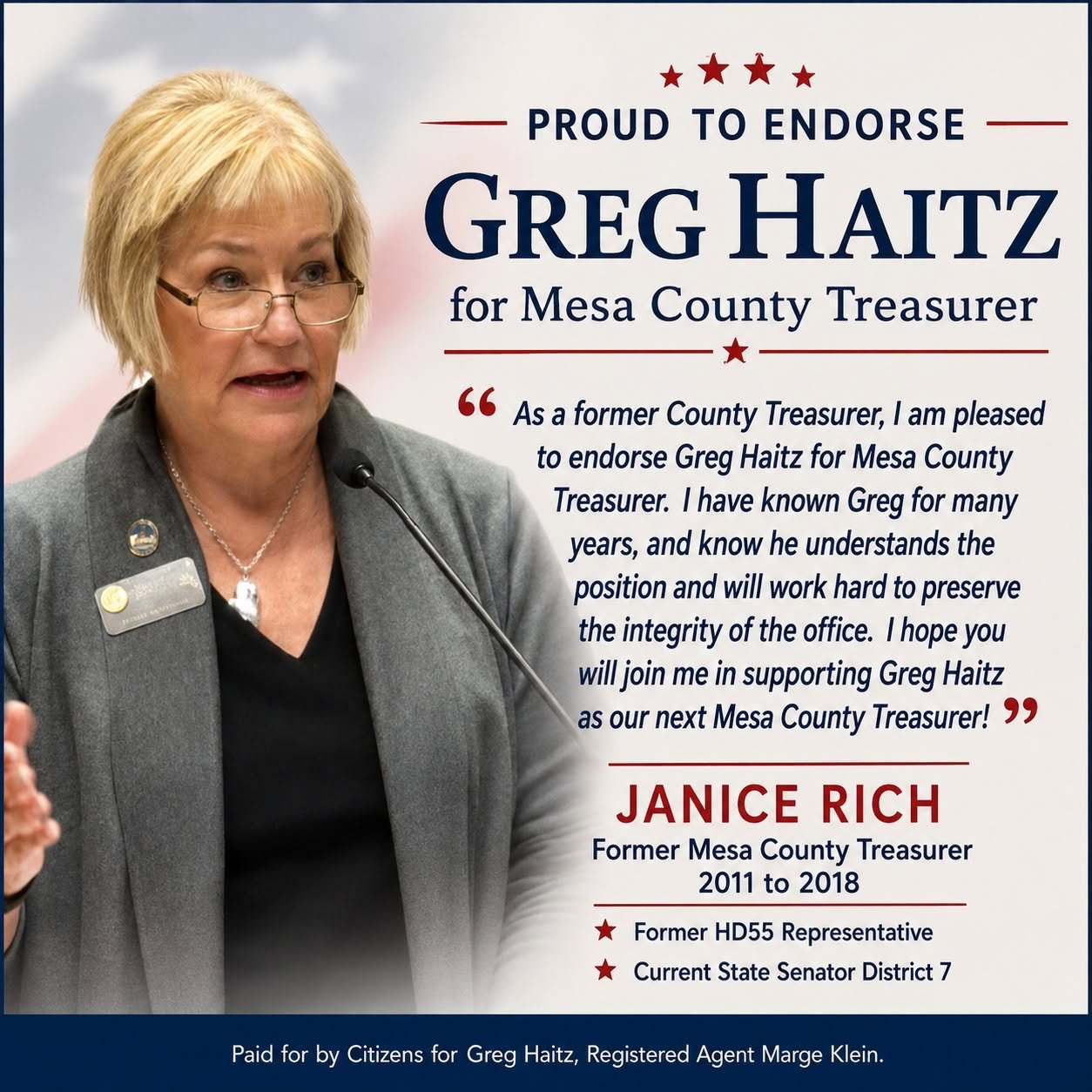 Janice Rich, Former Mesa County Treasurer, HD55 Rep, Current State Senator Distict 7