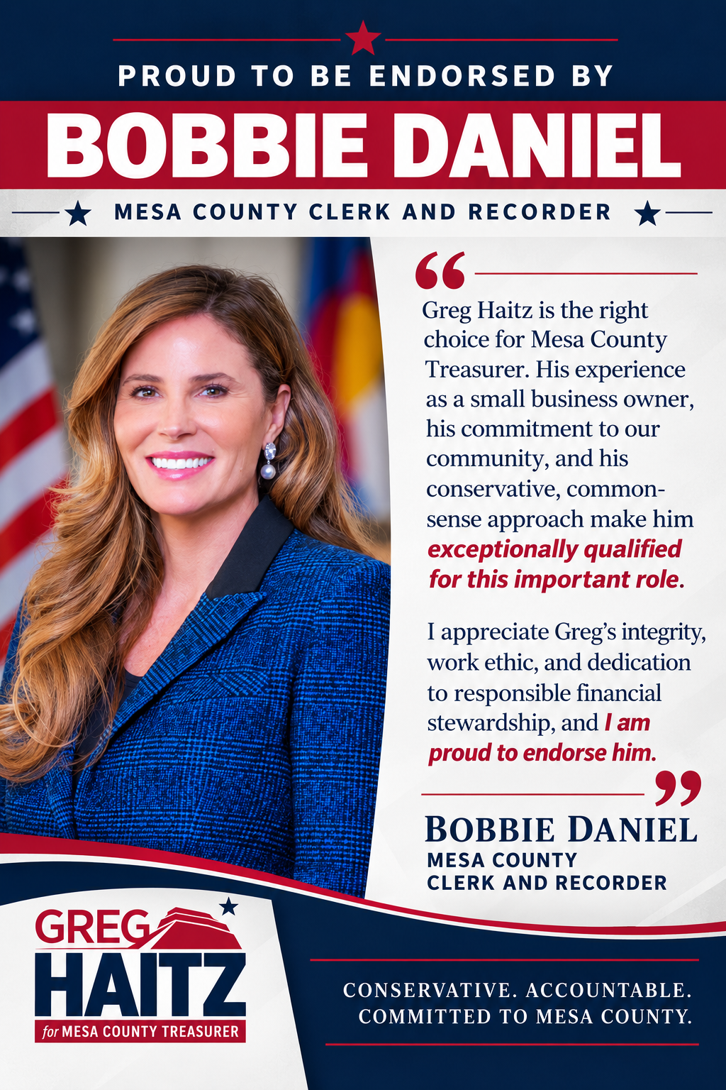 Endorsement of Greg Haitz for Mesa County Treasurer, By Mesa County Commissioner Bobbie Daniel