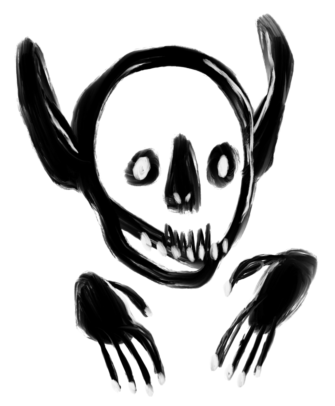 A black sketch of a skull and black claw like hands.