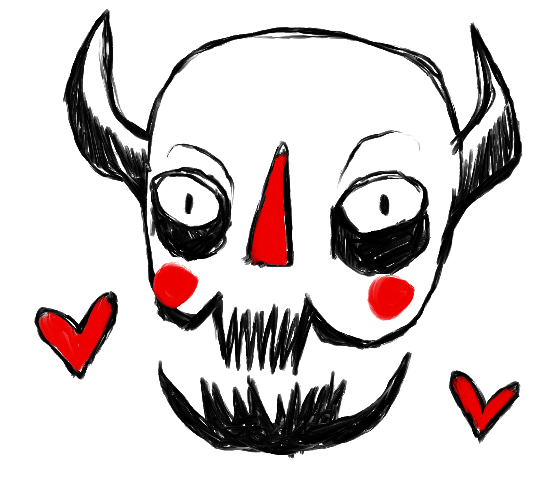 A black illustration smiling horned skull face with rosy cheeks and two little drawn hearts on either side.
