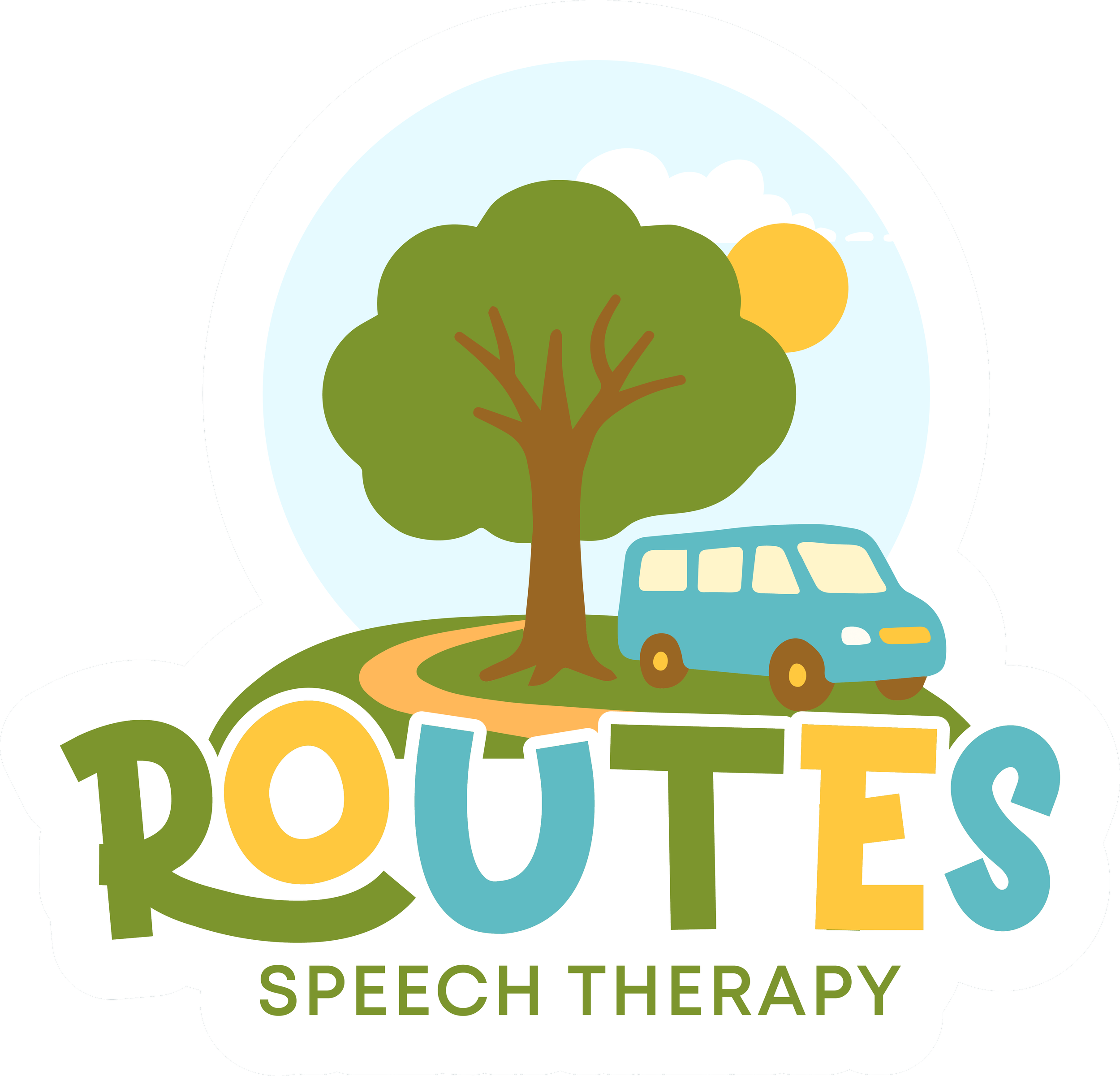 A logo for Routes Speech Therapy featuring a scenic outdoor setting with a large tree, a blue car on a dirt path, a yellow sun, and clouds. The word 'ROUTES' is colorful and bold, with 'SPEECH THERAPY' written below in green.