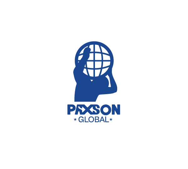 Logo of Paxson Global featuring a blue human head silhouette holding a globe.