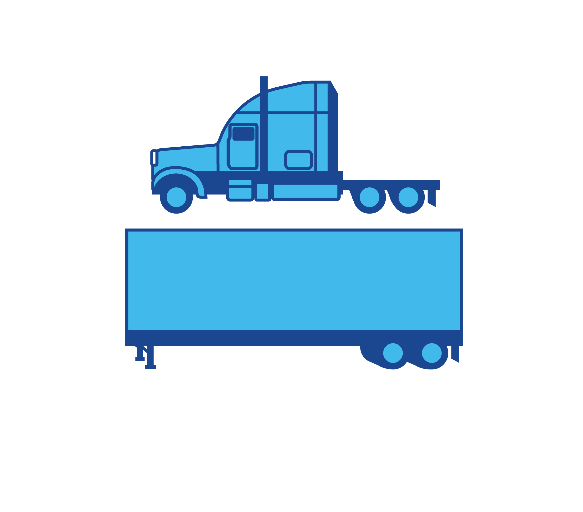 Graphic of a semi-truck with a detachable trailer on black background