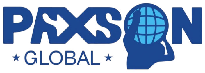 LOGO with the words 'PAXCON' and 'GLOBAL', featuring a globe inside a person's head silhouette and an arrow forming the letter 'X'.