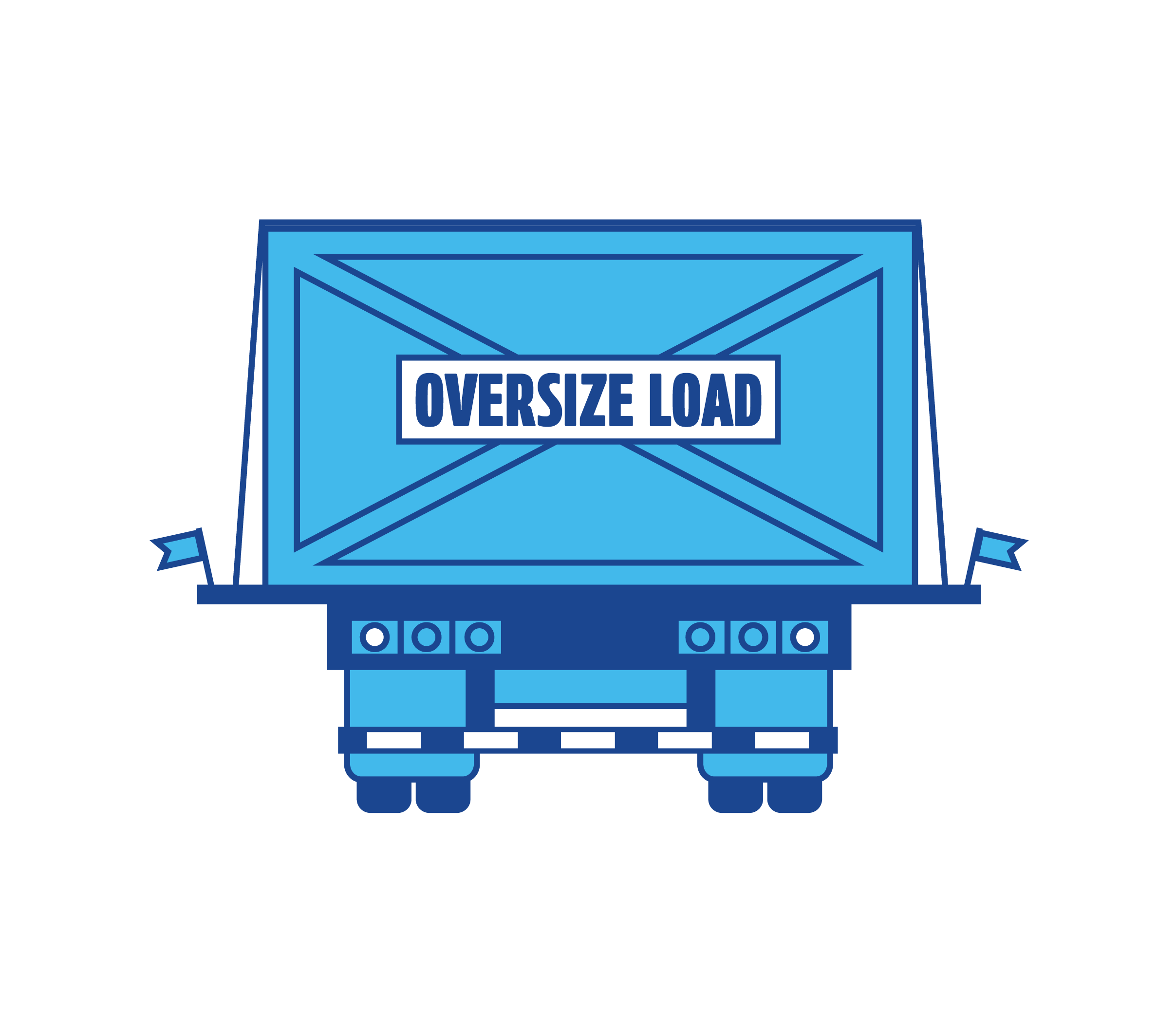 Front view of a blue truck with a large sign on the cargo area reading 'Oversize Load' in bold letters.