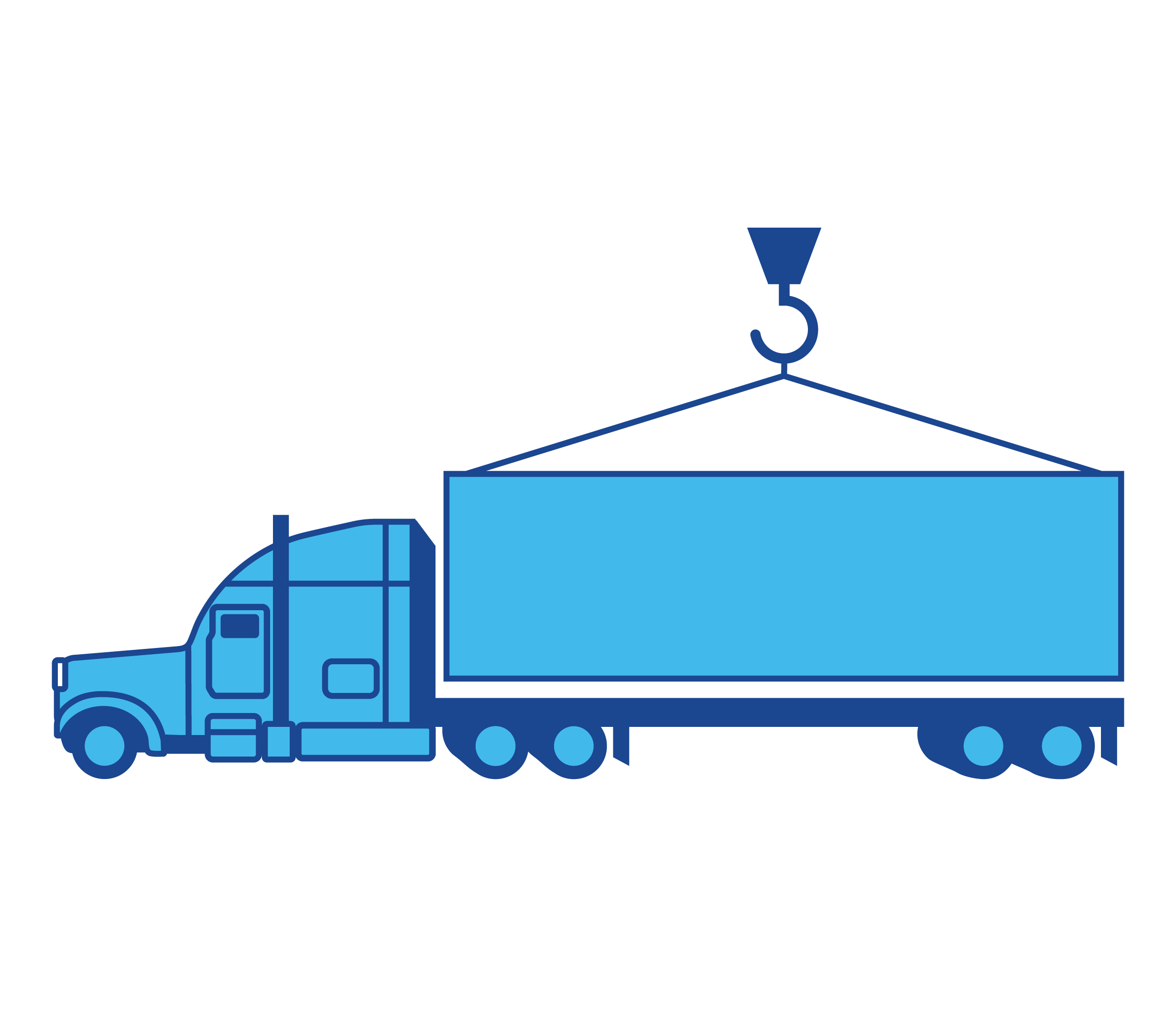 Diagram of a semi-truck with a large rectangular cargo container being lifted by a crane to load onto the truck's trailer.