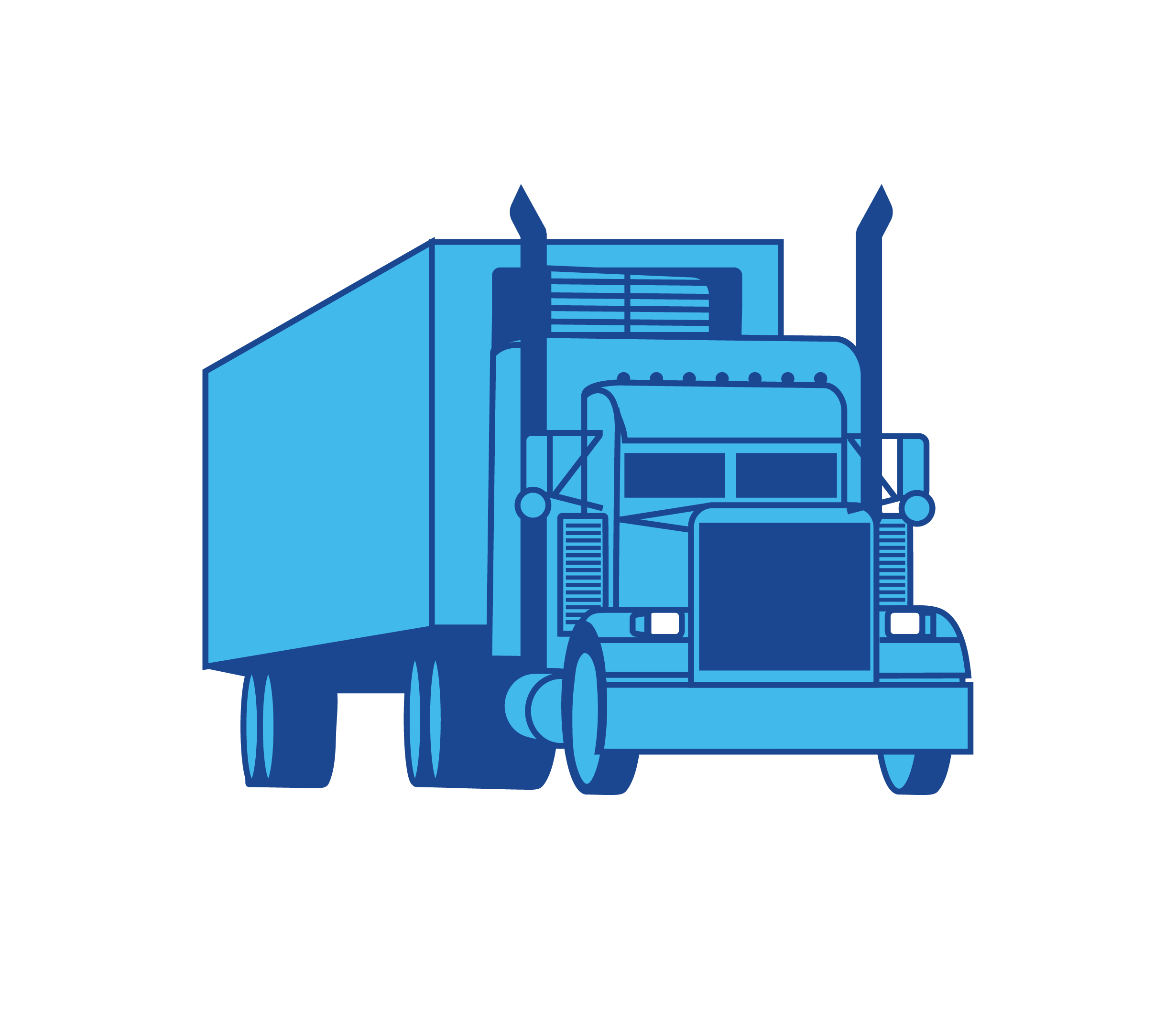 A blue semi-truck viewed from the front, with large wheels, iconic grille, and exhaust stacks on the hood.