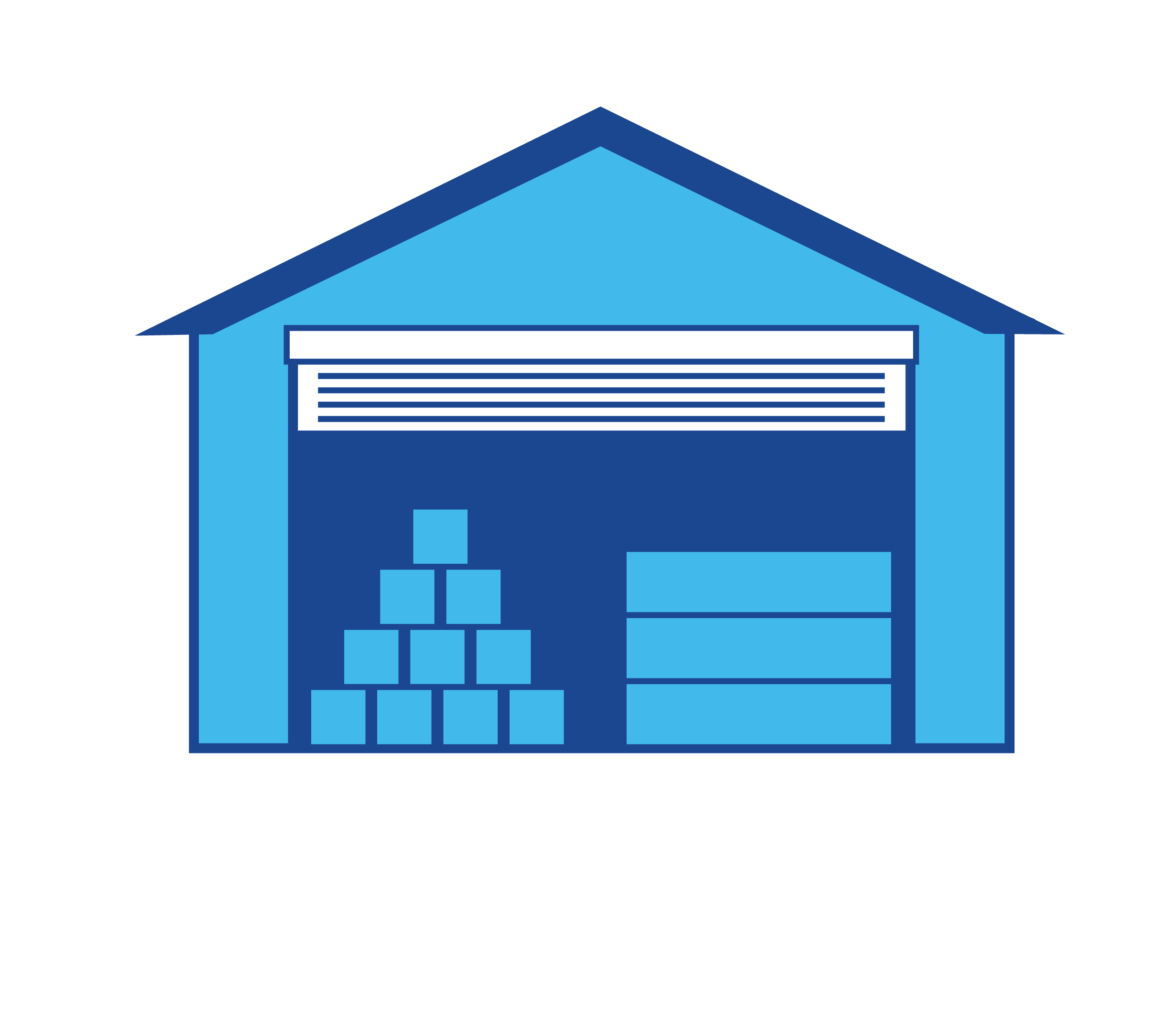 Illustration of a garage with stacked boxes on the left and shelves on the right.