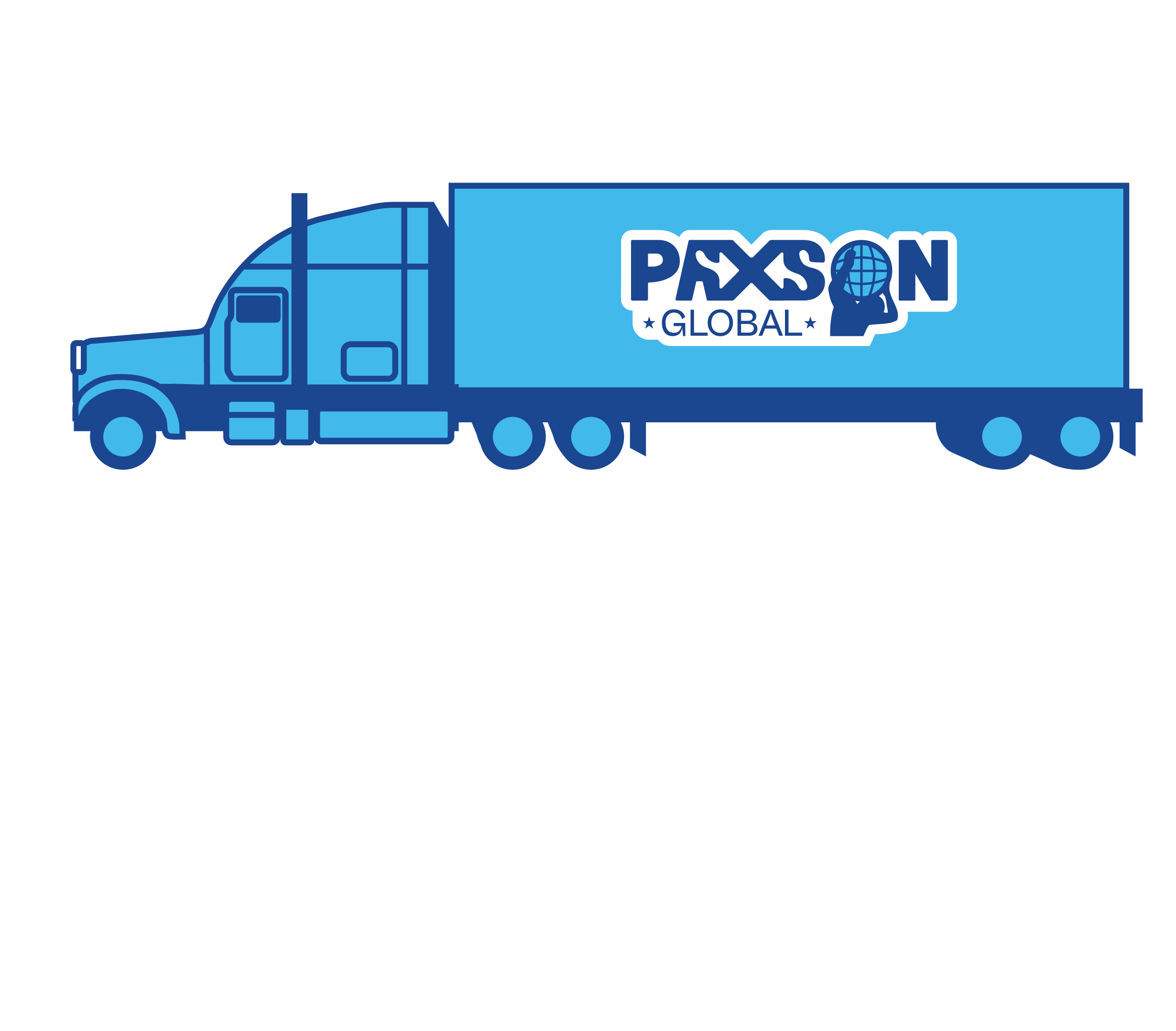Blue semi-truck with a large trailer displaying the text 'Paxson Global' and a globe with a headset logo.