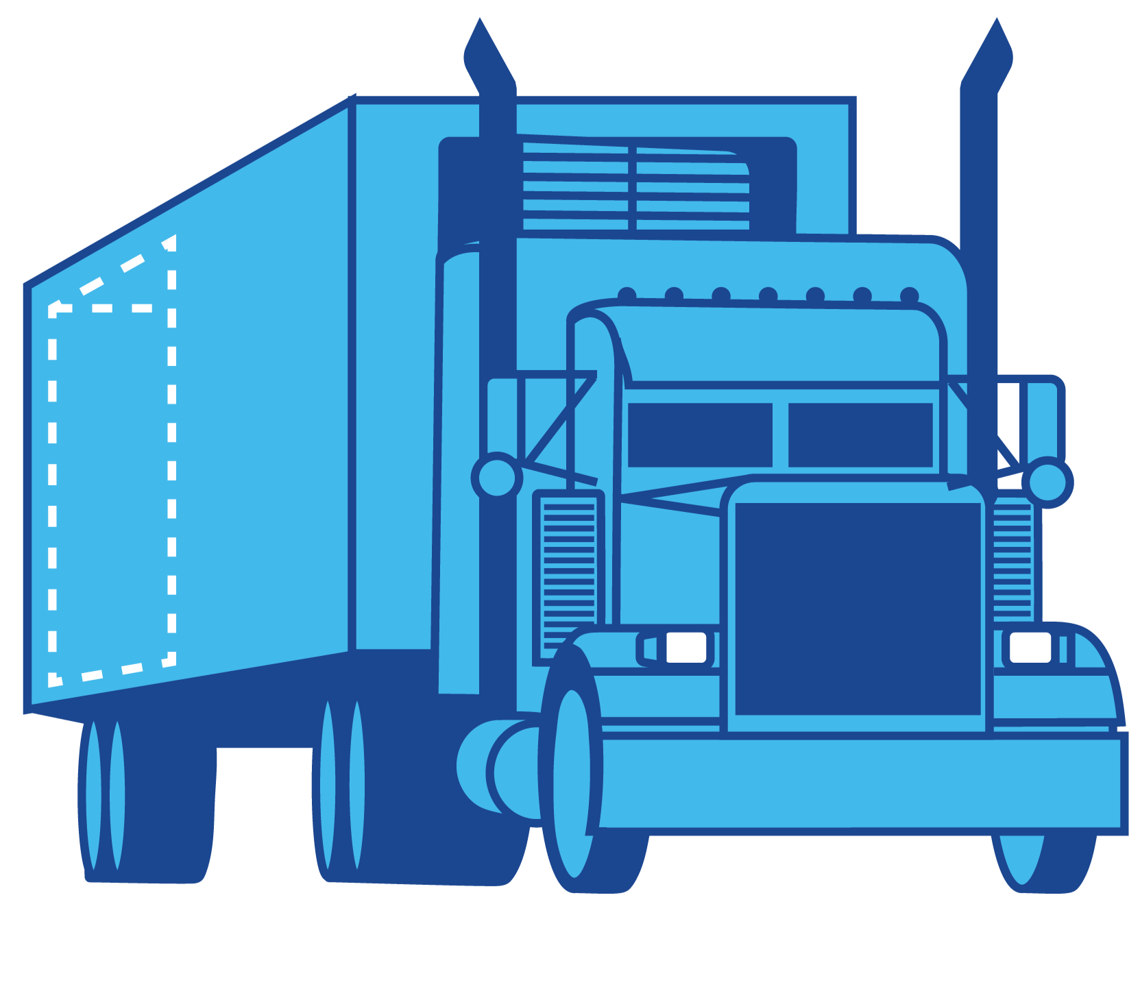 Line art illustration of a semi-truck with a tractor trailer in blue tones.