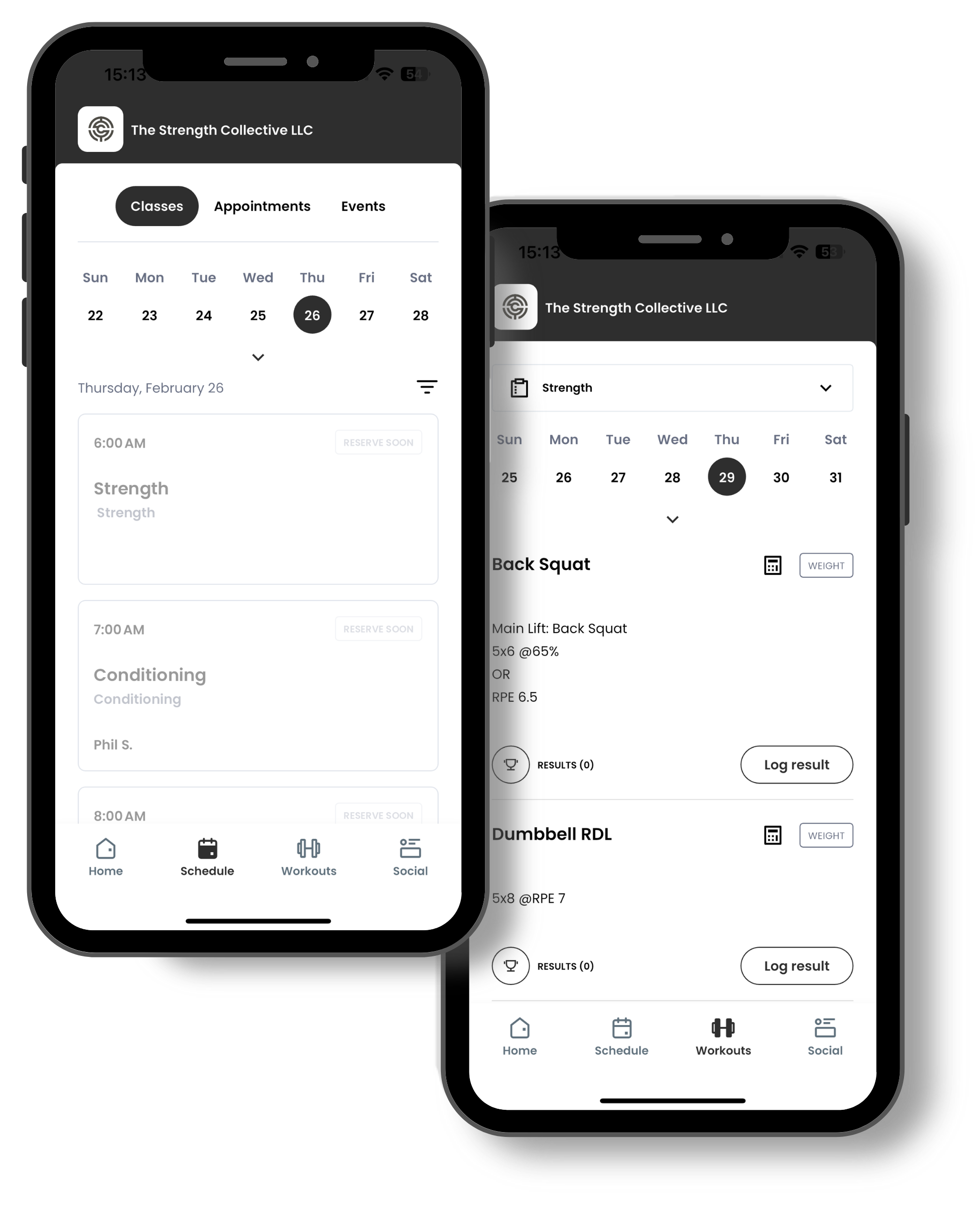 Screenshots of a fitness app showing scheduled classes and workouts, including strength training, back squat, and dumbbell RDL, with date, time, and options to log results.