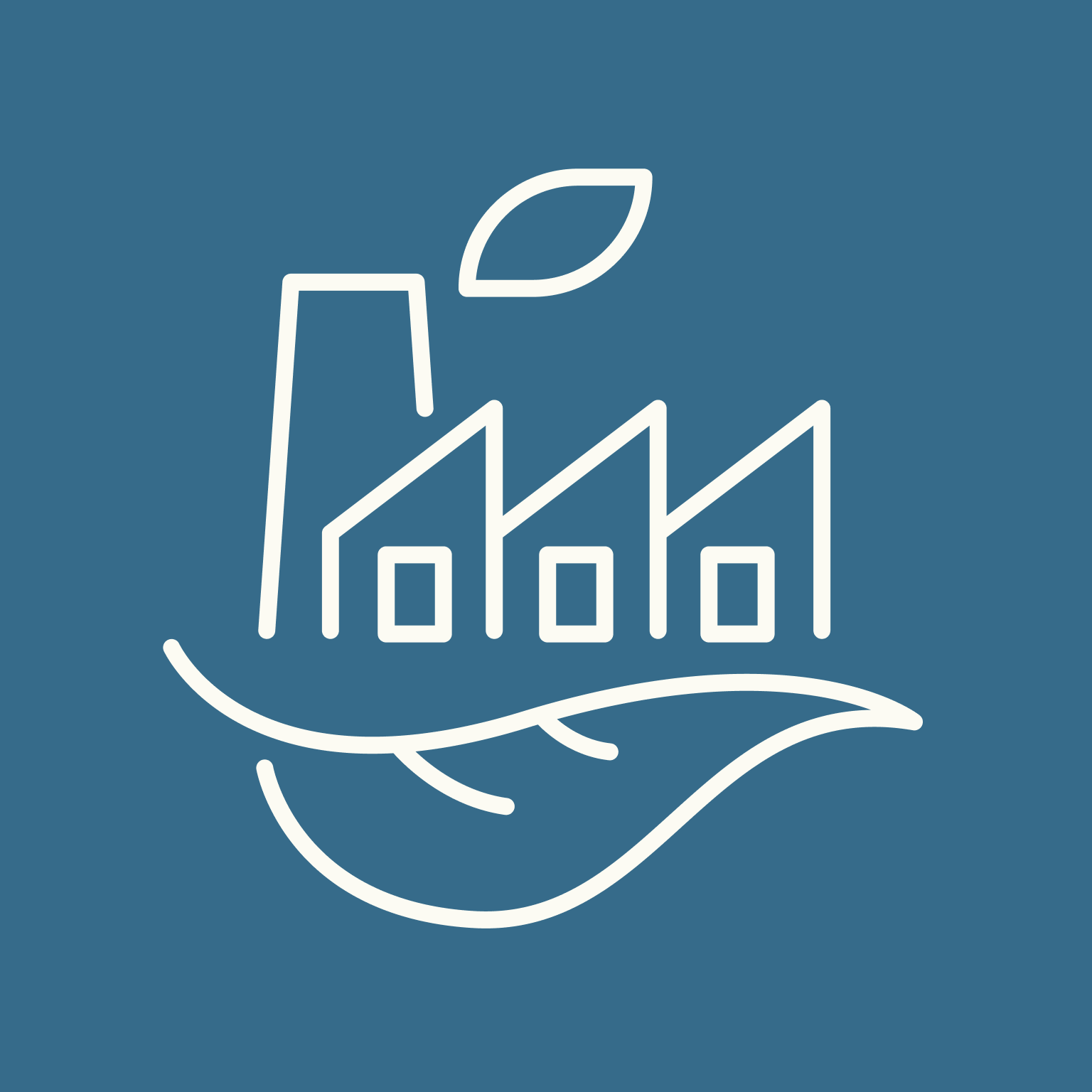 Line art of a factory with a leaf above, held in a hand, symbolizing eco-friendly industry or sustainability.