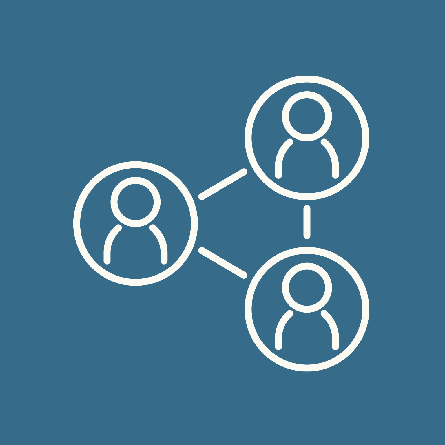 Line drawing of three interconnected people icons on a dark blue background.