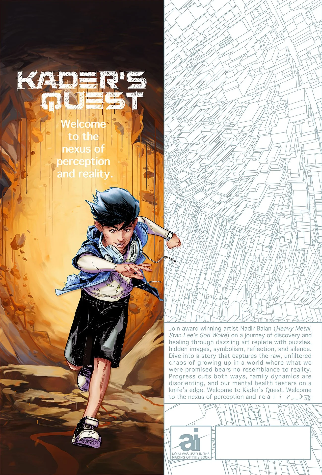 A comic-style illustration of a young person running through a rocky, fiery landscape with a determined expression. The left side features bold text reading "KADER'S QUEST" and a welcome message, while the right side contains a line art of geometric shapes and a paragraph describing the artist Nadir Balan's work.