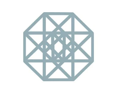 A geometric, symmetrical design consisting of interconnected gray lines forming a complex, star-like pattern within an octagonal shape.