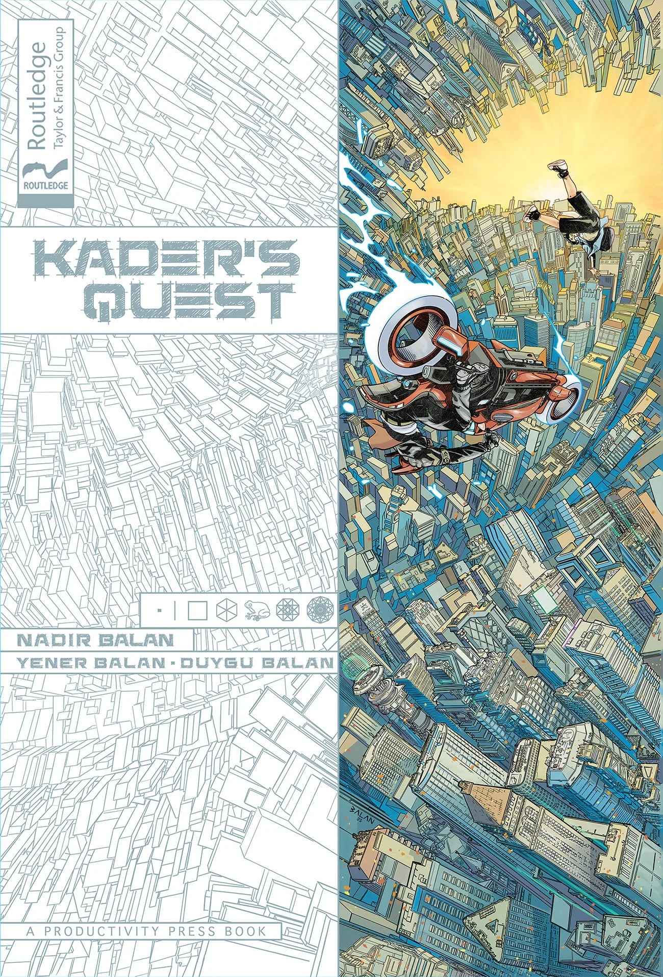 Book cover for 'Kader's Quest' with a divided design. The left side is clinical line art of a cityscape, with the title and author information. The right side features a colorful, dynamic illustration of a futuristic city scene with skyscrapers and characters flying on a hoverbike and a person in a suit falling, with a vibrant, energetic atmosphere.