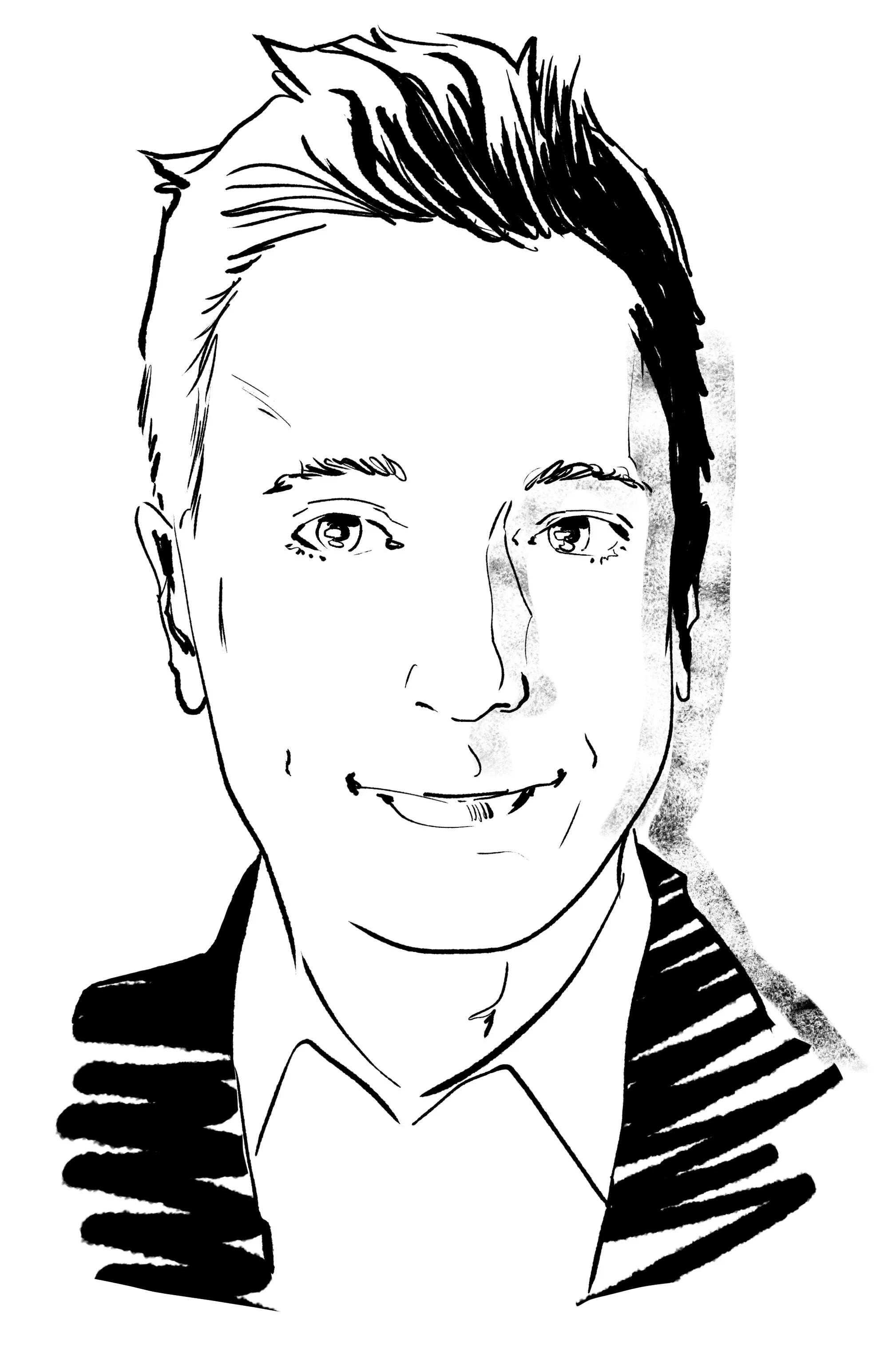 Line drawing of Yener Balan with short, styled hair, wearing a collared shirt and a striped blazer.