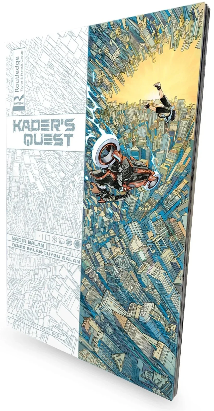 Book cover titled 'KADER'S QUEST' with an illustration of a futuristic cityscape, a person falling, and a motorcycle descending towards the city.