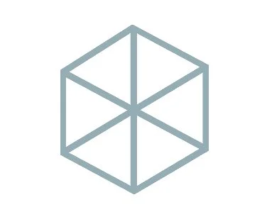 An abstract geometric design of a 3D cube made of intersecting lines in grayish-blue color.