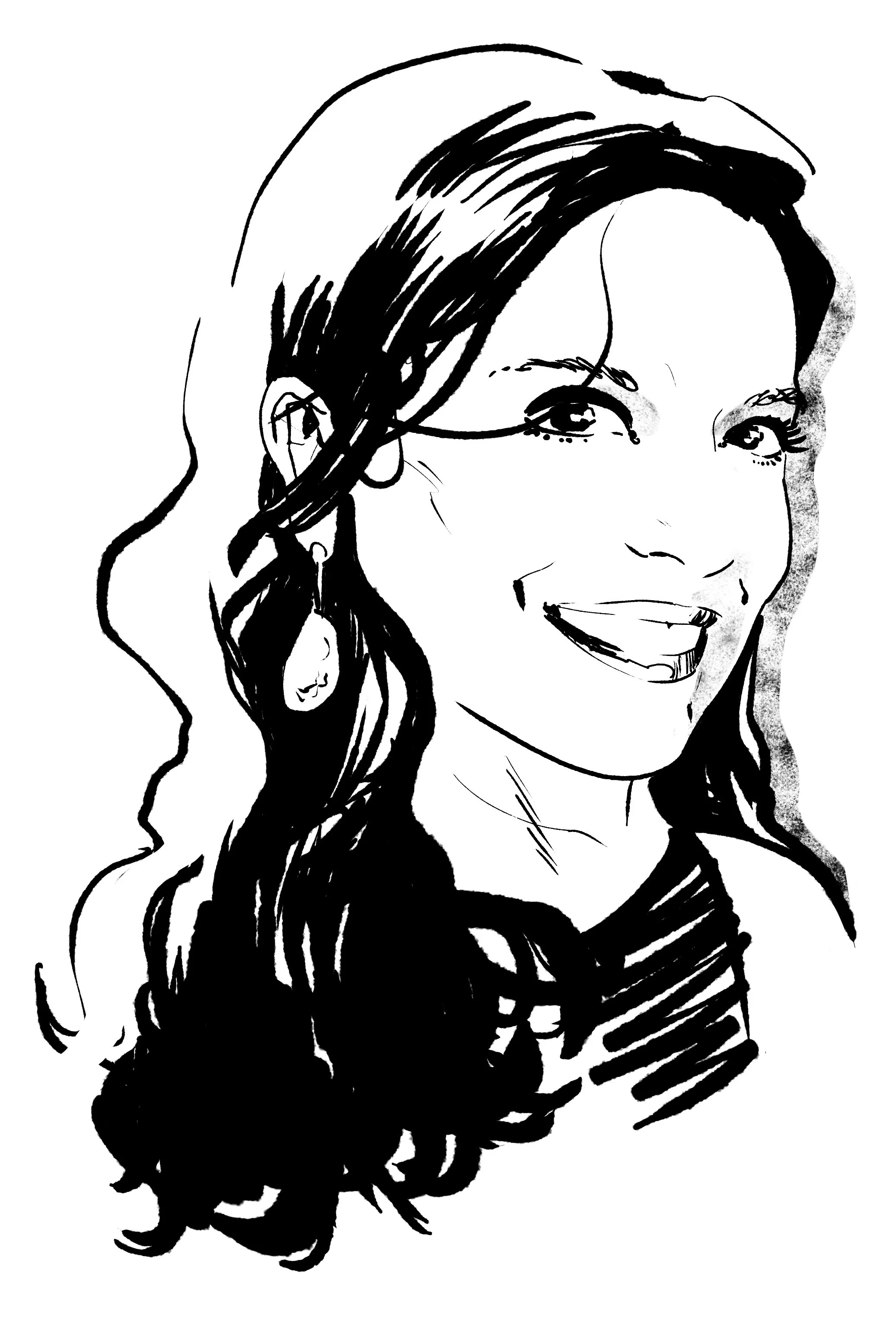 Black and white sketch of Duygu Balan with long, wavy hair, smiling, wearing earrings and a striped top.