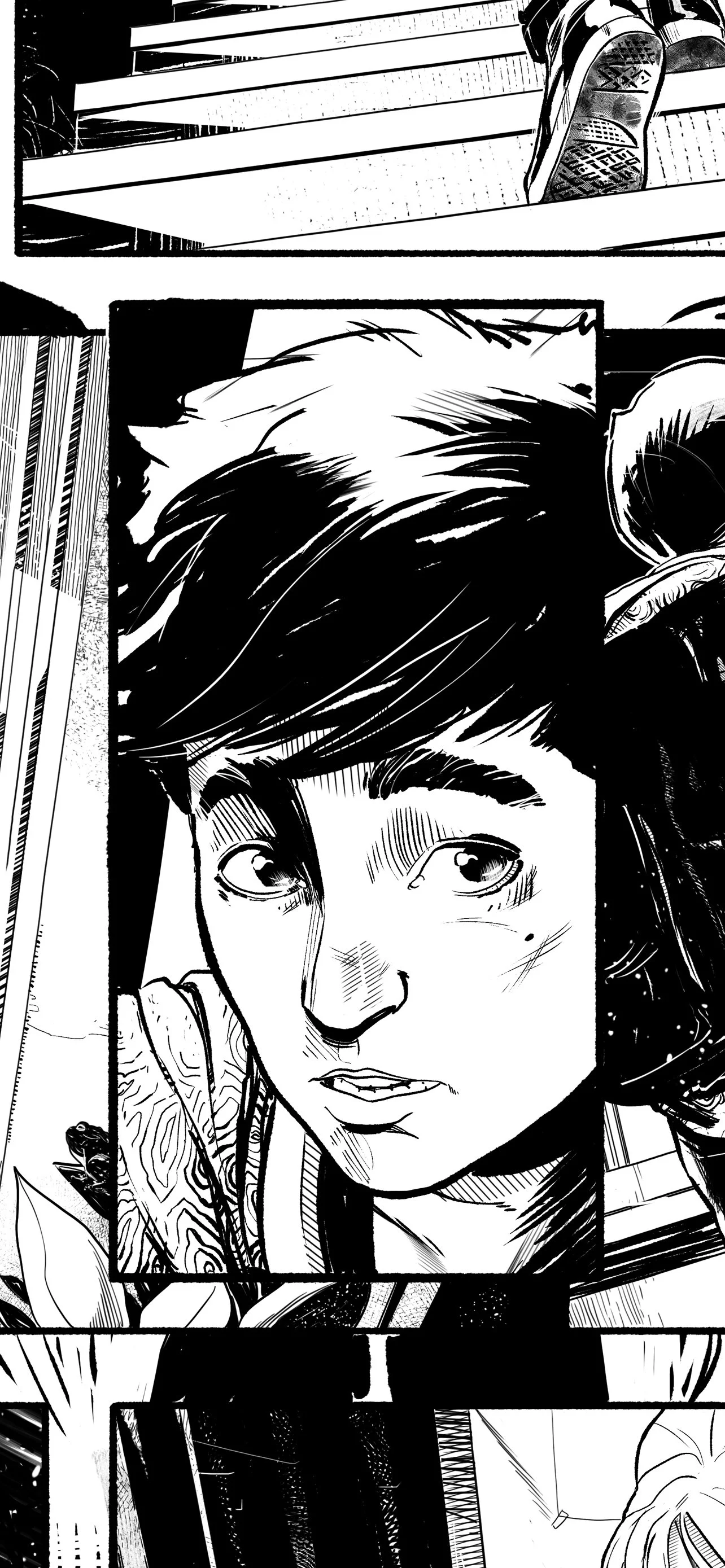 Black and white manga-style illustration of a young woman with short hair, looking contemplative, with part of her face and upper body visible, and a staircase in the background.