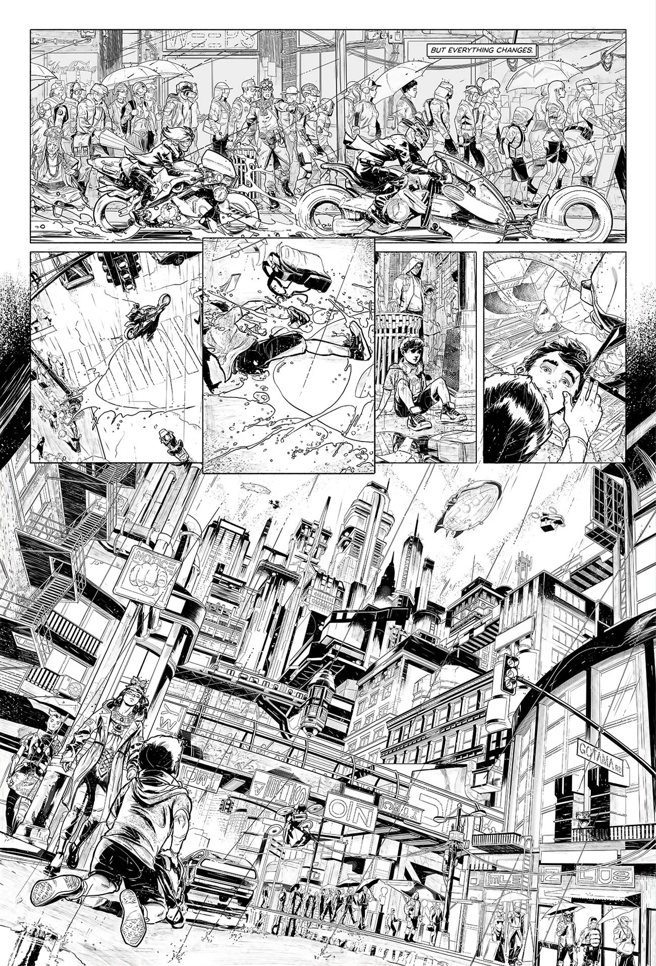 A comic strip depicting a futuristic city with skyscrapers. It shows a chase scene with motorcycles, a motorcycle crash with a character being thrown into the air, a girl sitting on the ground, a close-up of a person holding a phone, and a boy running through a busy urban street with tall buildings, advertisements, and people walking.