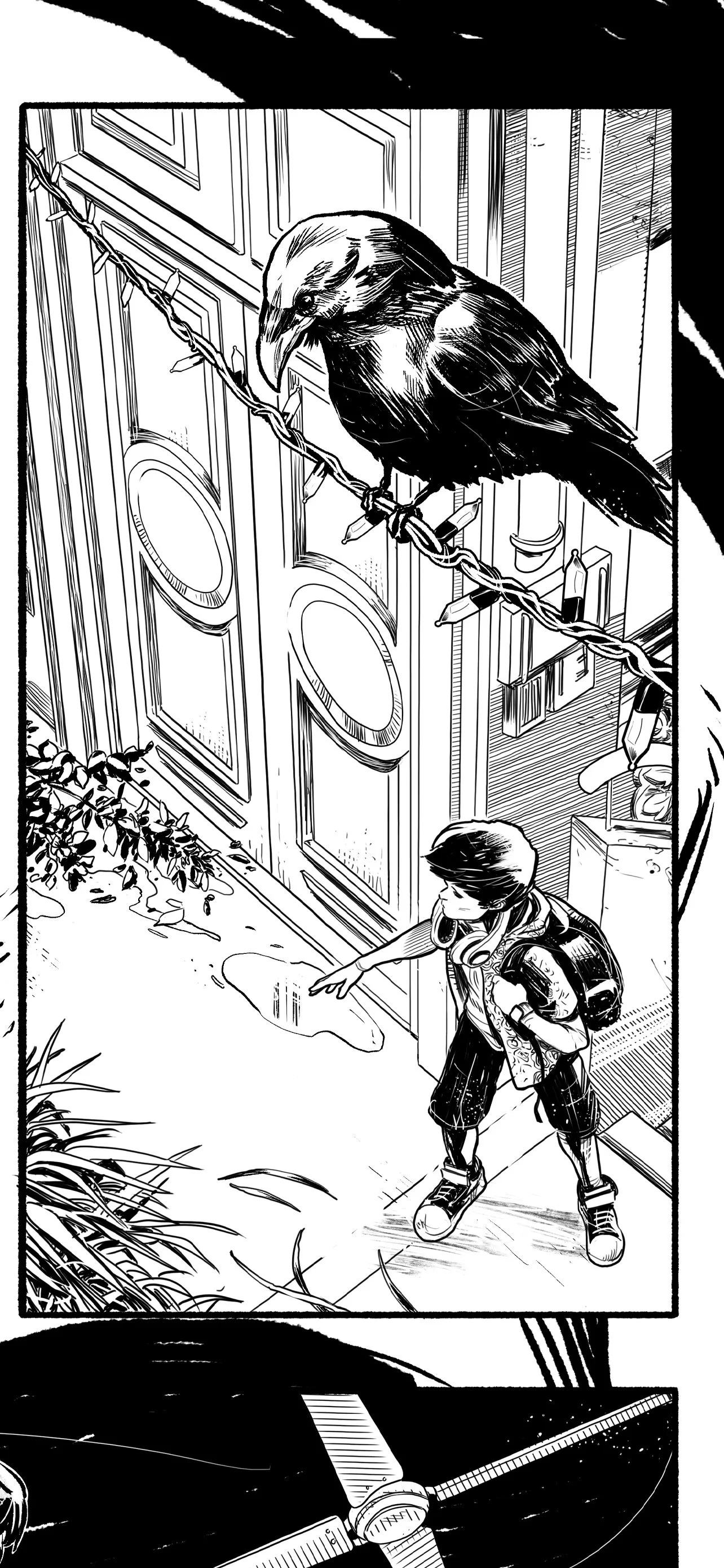 A black and white drawing of a person with a backpack reaching down to the ground outside a door, with a large crow perched on a string of lights above. The scene includes detailed exterior and interior elements, with plants and a ceiling fan visible.