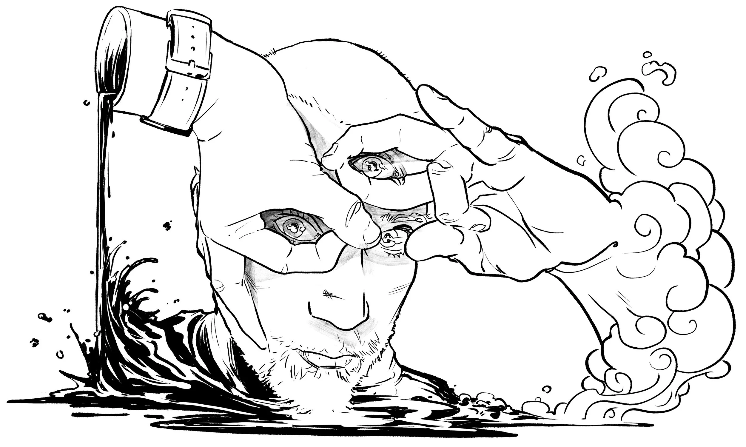 Black and white illustration of Nadir Balan's head emerging from water, with two hands framing his eyes, resembling goggles, with swirling steam or smoke around his head.