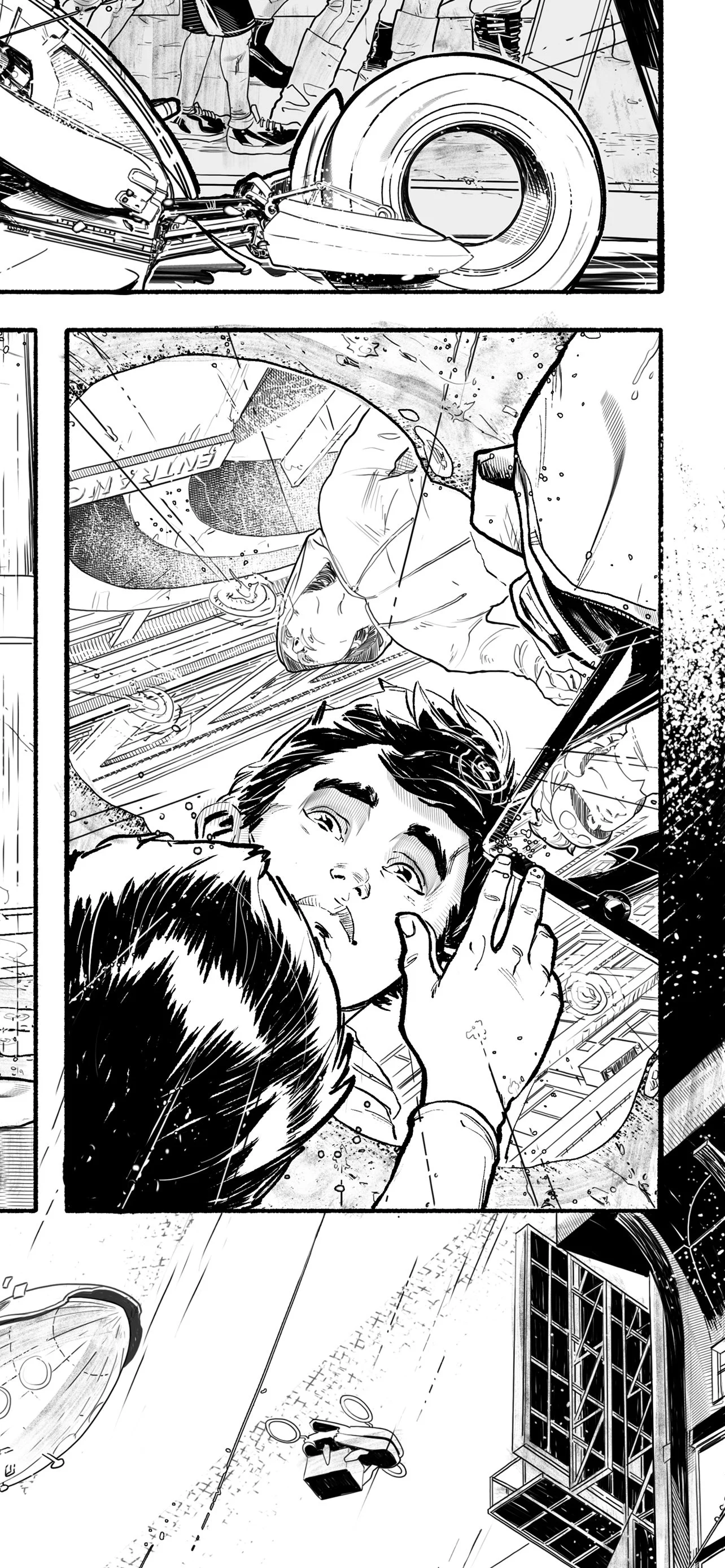 Black and white comic strip showing a person being rescued from a crash involving a motorized vehicle, with a close-up of the rescue and emergency scene.