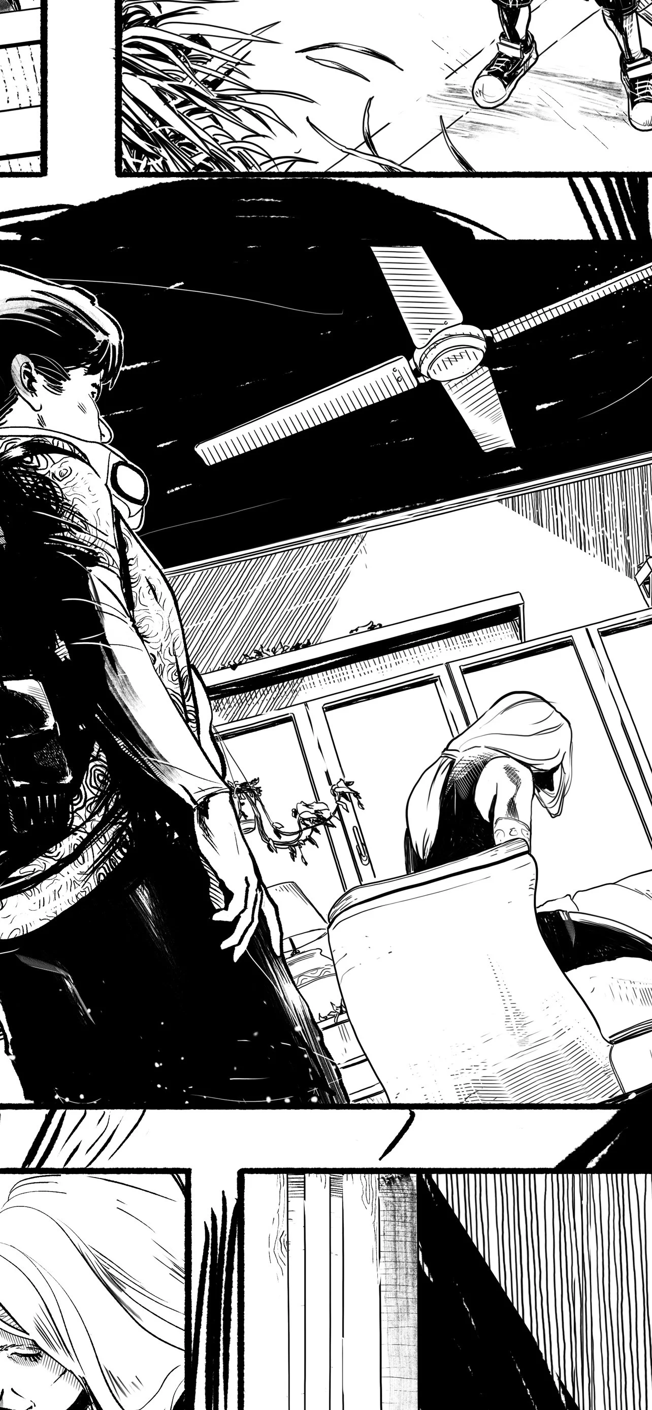 Black and white comic-style illustration of a room with a woman sitting on a chair, a man standing nearby, and a satellite outside the window.