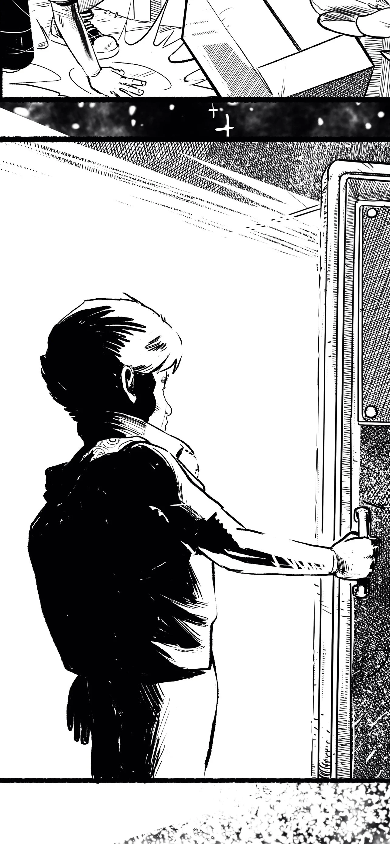 A young person with short hair is opening a door, viewed from behind, with a bright background.