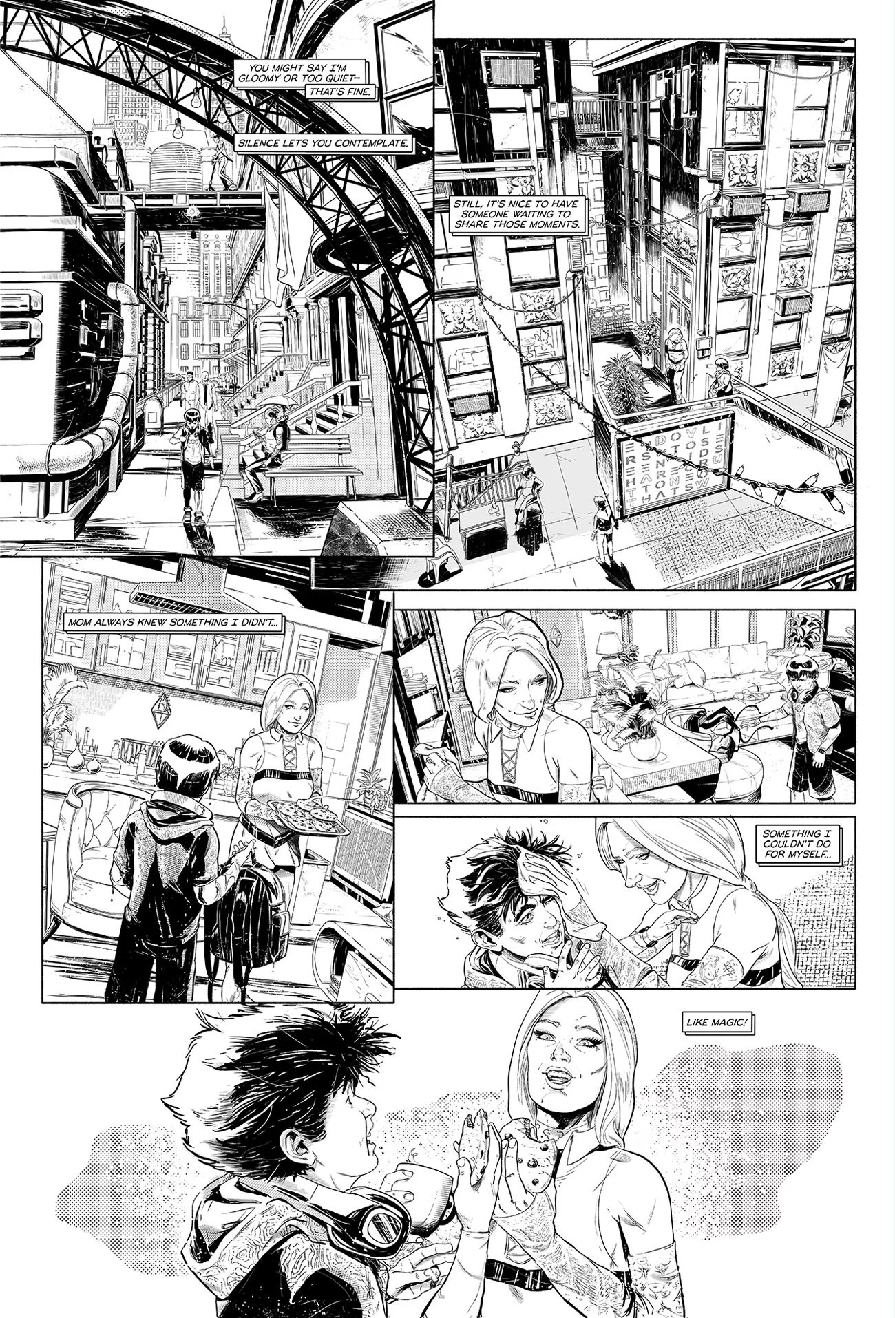 A black and white comic strip showing a city scene with tall buildings and people walking on the streets. Inside a cafe, a woman prepares to serve a young boy and a girl, who sit with their backpacks. The woman and girl share a moment of understanding, and the girl remarks, "like magic!" as they share a cookie.