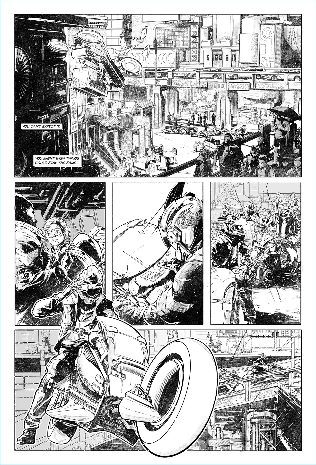 A black-and-white comic book page depicting a busy city scene with cars, people, and motorcycles; a motorcycle stunt with a rider jumping off a motorcycle; and scenes of a rider preparing and performing stunts with a motorcycle.